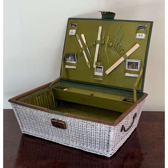 White Early 20th Century Mark Cross Leather and Wicker Basket Sewing Box With Silk Lining For Sale - Image 8 of 18