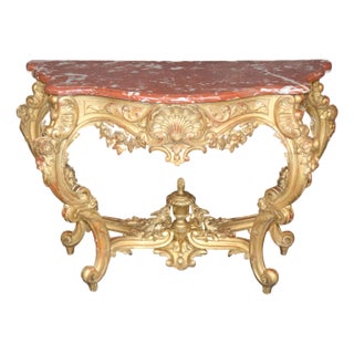 19th Century French Rococo Carved Giltwood Marble Top Console Table For Sale