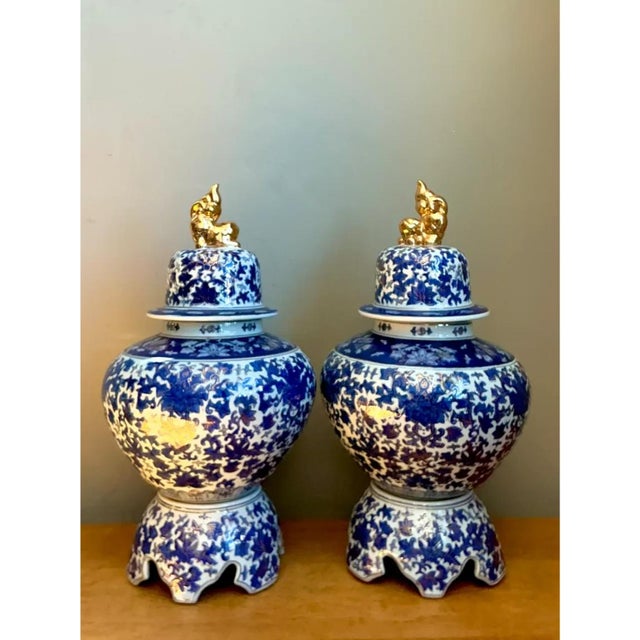 Vintage Blue and White Ceramic Lidded Jars - Pair For Sale - Image 9 of 12