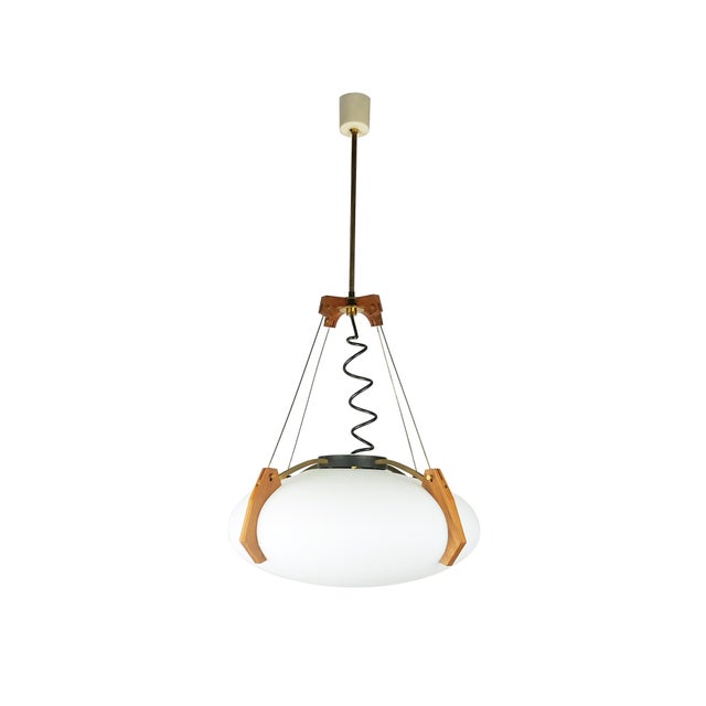 Italian Opaline Glass, Brass & Teak Pendant Lamp, 1950s For Sale - Image 12 of 12