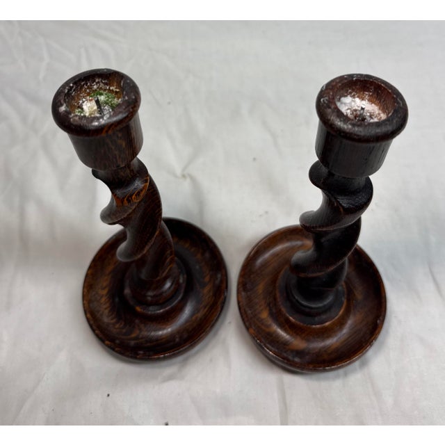 Wood Pair Antique 19th Century Barley Twist English Wood Candlesticks Candle Holders For Sale - Image 7 of 12