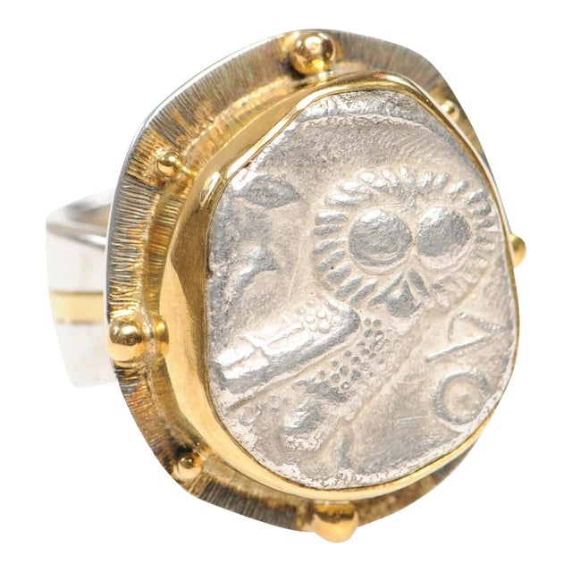 Antique Ancient Owl Coin Ring, 22kt Gold & Silver, Size 8 For Sale
