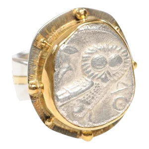 Antique Ancient Owl Coin Ring, 22kt Gold & Silver, Size 8