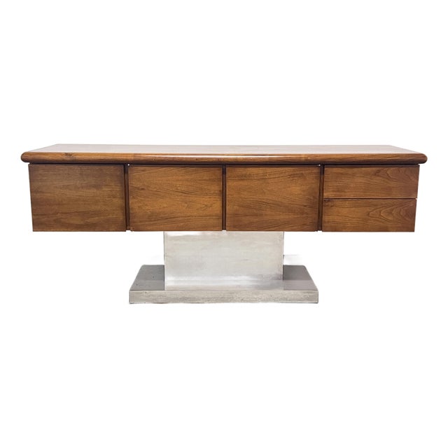 C. 1970s Warren Platner Style Walnut and Polished Aluminum Space Age Credenza For Sale
