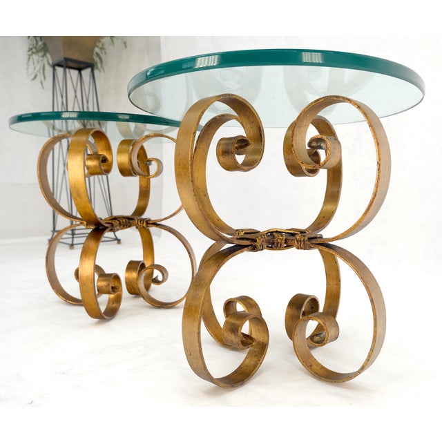 Pair Italian Think 3/4" Glass Top Gold Gilt Scrolls Shape Bases End Tables Stand For Sale - Image 12 of 12