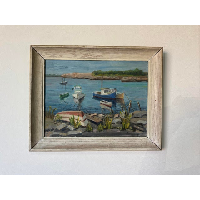 Mid-Century Modern 1970’s Vintage Lake Boats Landscape Oil on Board Painting, Signed For Sale - Image 3 of 12