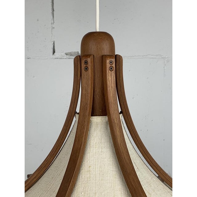 Teak and Linen Umbrella Pendant Hanging Lamp attributed to Domus, 1970s For Sale - Image 13 of 14