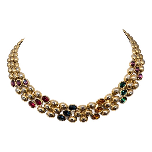 Vintage Signed Napier Goldtone Jewel Tone Rhinestone Collar Necklace For Sale