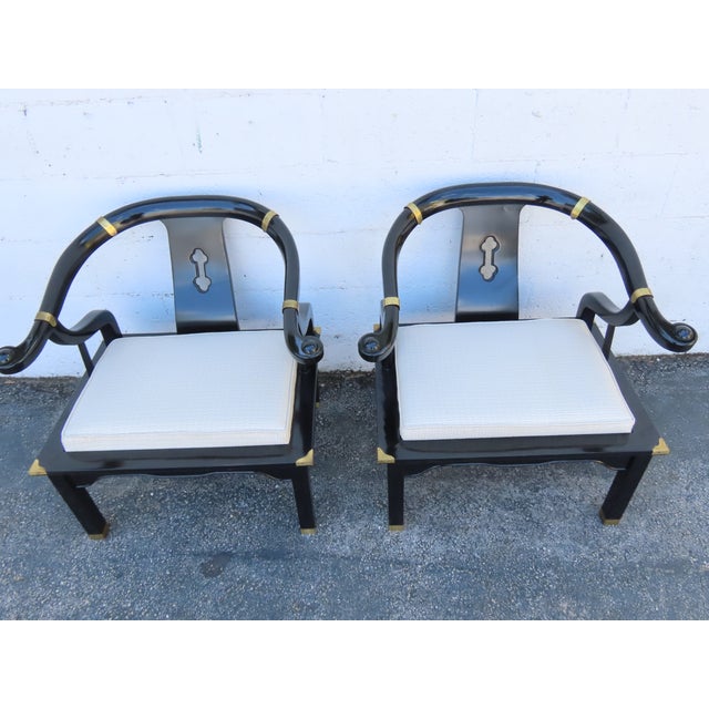 Hollywood Regency Ming Style Painted Black Lounge Side Chairs a Pair 6359 For Sale - Image 13 of 15