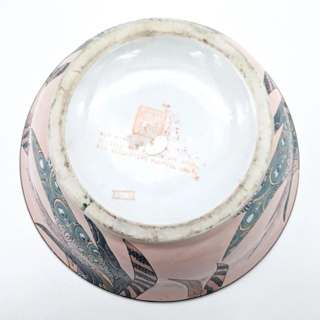 Light Pink 1980s Hfp Macau Hand Painted Console Set Bowl and Pair of Candlesticks in Pastel Colors- 3 Pieces For Sale - Image 8 of 12