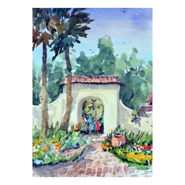 Colorful watercolor of mission entrance by Gladys Louise Bowman Fies (American, 1909-2005). Signed "Fies" lower left....