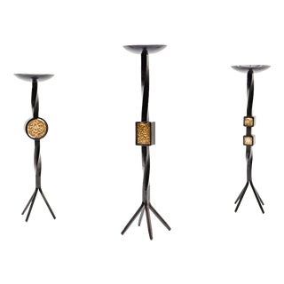 Mid-Century Modern Handmade Iron and Brass Candleholders, 1950s, Set of 3 For Sale