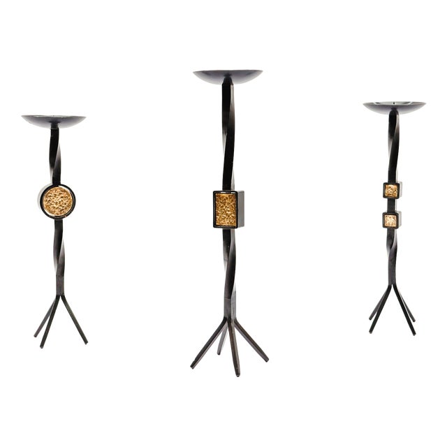 Mid-Century Modern Handmade Iron and Brass Candleholders, 1950s, Set of 3 For Sale