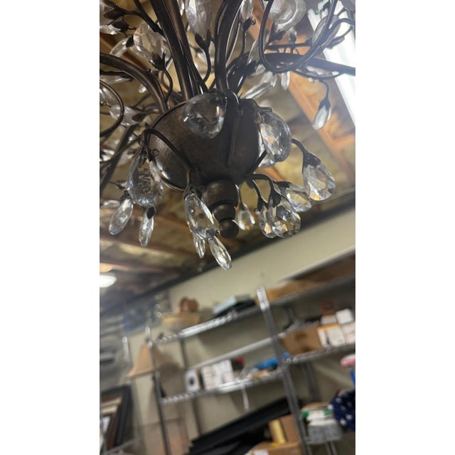French Pair of Wrought Iron and Crystal Branch Chandeliers For Sale - Image 9 of 10