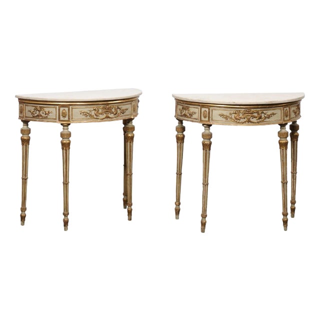 A Pair - 18th Century Italian Marble Top, Gilt Demi-Lunes For Sale
