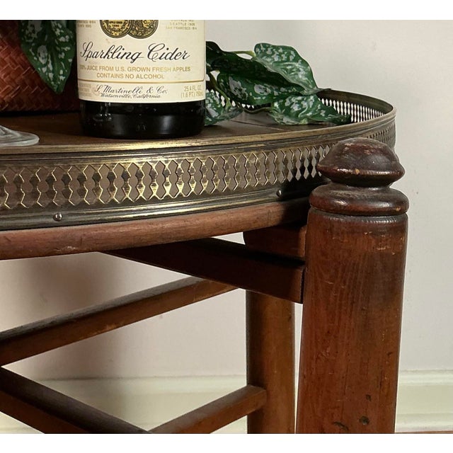 Brass Vintage Wood Folding Tray Table Removable Serving Tray Brass Gallery For Sale - Image 8 of 12