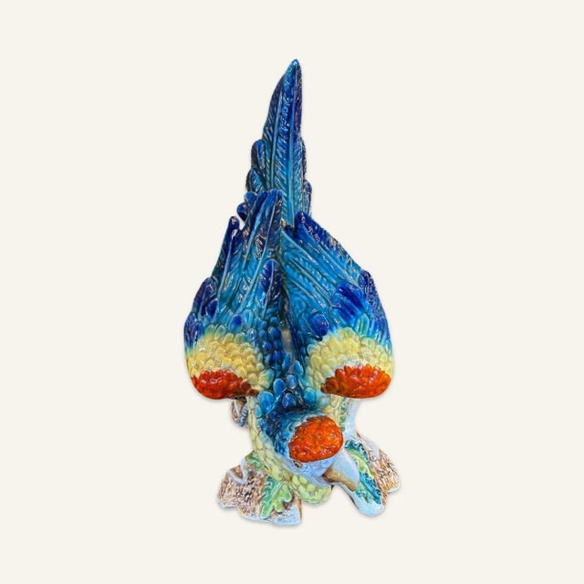 Very large Italian majolica macaw (parrot) in active stance. Probably dates to the 1980s. Rigatierri Venetian label on...