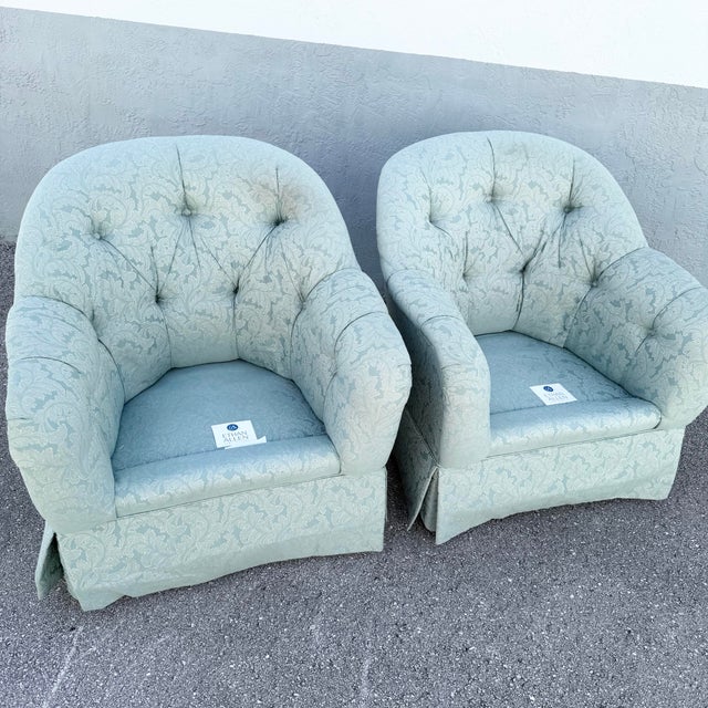 Blue Vintage Mid Century Tufted Button Club Chairs by Ethan Allen - A Pair For Sale - Image 8 of 11