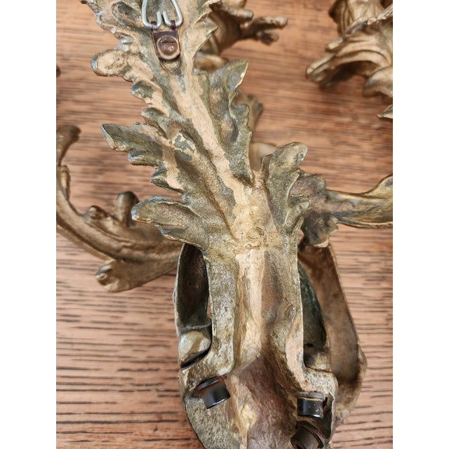 Antique Art Nouveau Pair Heavy Cast Gilt Brass 3 Light Wall Sconces With Aged Patina For Sale - Image 16 of 16