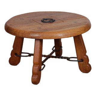 Round Coffee Table in Oak and Wrought Iron, 1950 For Sale