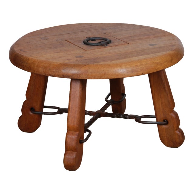 Round Coffee Table in Oak and Wrought Iron, 1950 For Sale