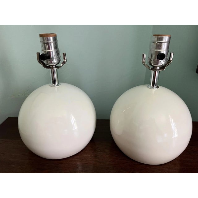 1960s Lightolier White Ball Lamps & Shades - a Pair For Sale - Image 11 of 17