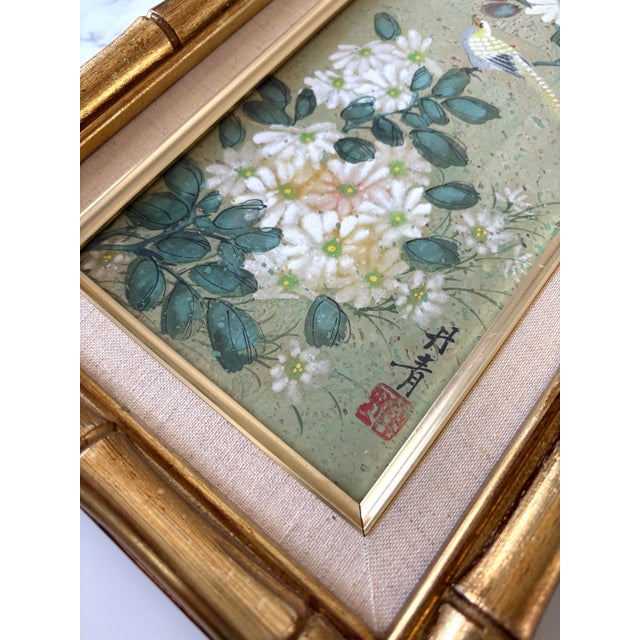 Chinoiserie Floral Gold Faux Bamboo Wood Framed Artwork- A Pair For Sale In New York - Image 6 of 10
