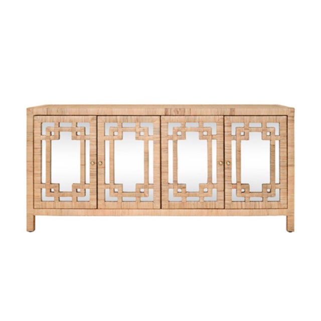 Wood Matthew Izzo Home Granada Natural Wrapped Rattan Four Door Buffet With Mirrored Doors and Greek Key Design For Sale - Image 7 of 7