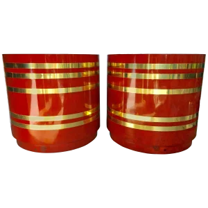 Mid Century Modern Burl Wood and Brass Striped Pedestal Side Drum Tables- a Pair