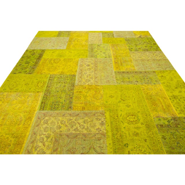 Modern Handcrafted Patchwork Wool Rug in Green With Allover Design For Sale - Image 4 of 9
