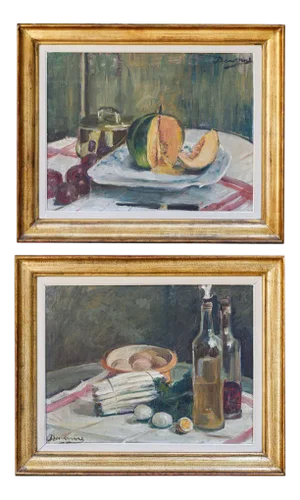 Alexandre Denonne, Still Life with Asparagus & Eggs and Melon, 1920s, Oil on Canvas, Set of 2