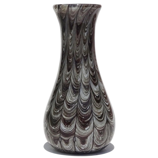 Beautiful and rare, vintage Murano hand blown grays and blacks feathered design Italian art glass flower vase. Documented...