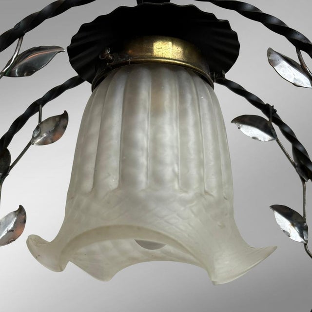 Black Swedish Modern Wrought Iron Pendant Lamp with Organic Leaf Decor, 1940s For Sale - Image 8 of 11