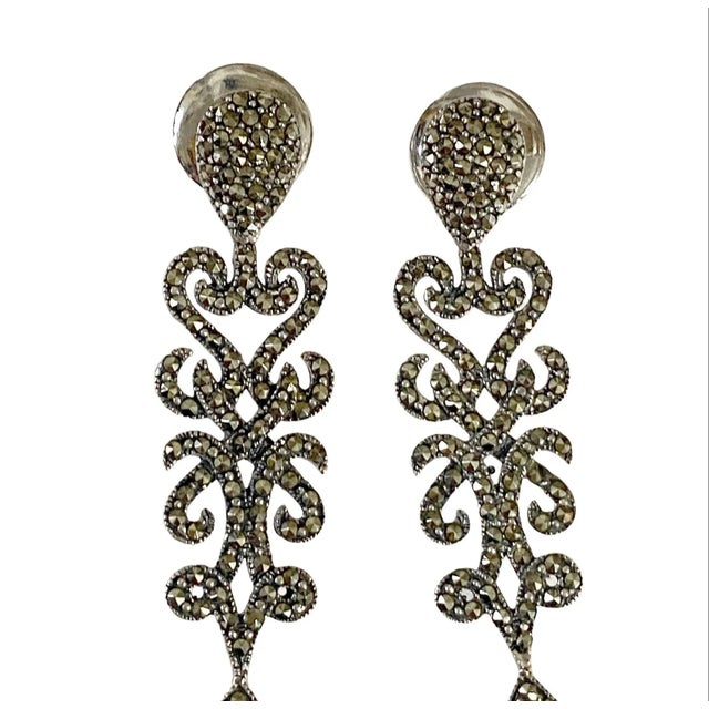 Traditional Vintage Sterling Silver and Marcasite Earrings With Turquoise Stone 2.75" Long For Sale - Image 3 of 6