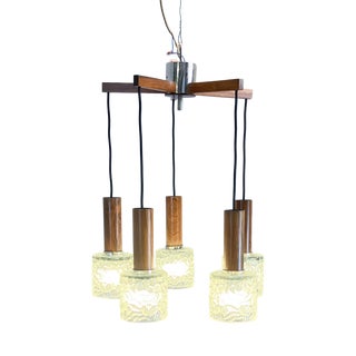 5-Light Cascade Lamp in Rosewood and Chrome with Textured Glass Shades, 1960s For Sale