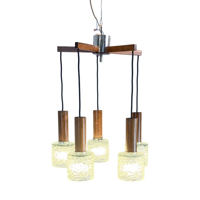 5-Light Cascade Lamp in Rosewood and Chrome with Textured Glass Shades, 1960s For Sale