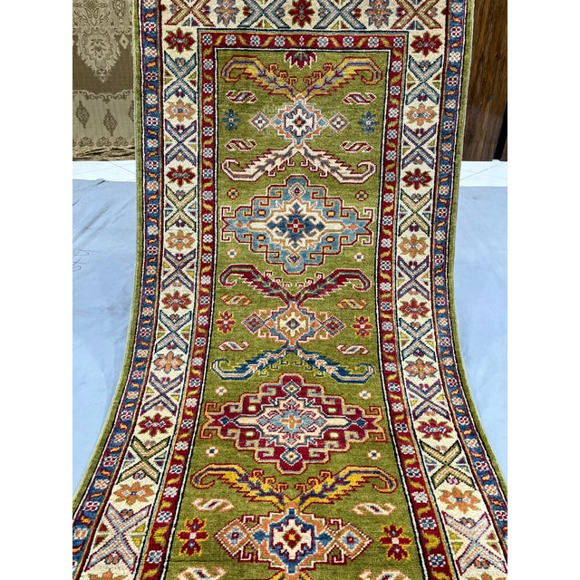 Art Deco Olive Green, Red and Cream Kazak Wool Runner Rug, 2'11" X 9'9" For Sale - Image 3 of 18