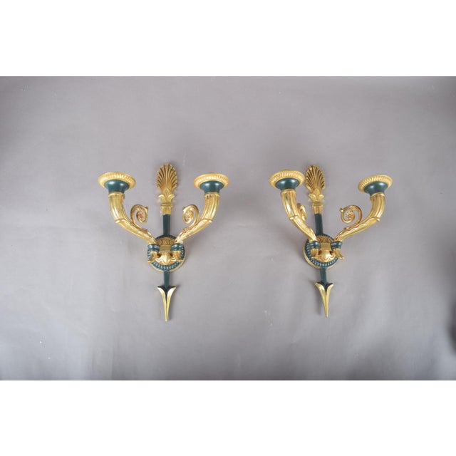 Gilt Bronze Double-Arm Wall Sconces with Frosted Glass Shades, 1950s, Set of 2 For Sale - Image 9 of 18