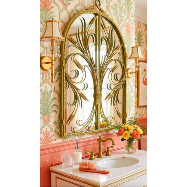 Chelsea House Inc Vintage Lime Green Metal Tole Palm Leaf Sheaf of Wheat Regency Oval Wall Mirror For Sale - Image 4 of 9