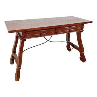 Spanish Baroque Style Carved Wooden Console Table with Wrought Iron Stretcher, 1930 For Sale