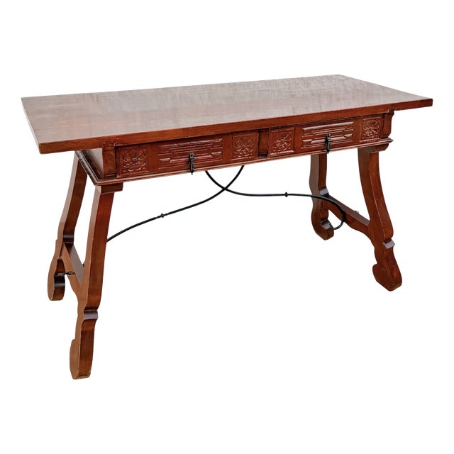 Spanish Baroque Style Carved Wooden Console Table with Wrought Iron Stretcher, 1930 For Sale