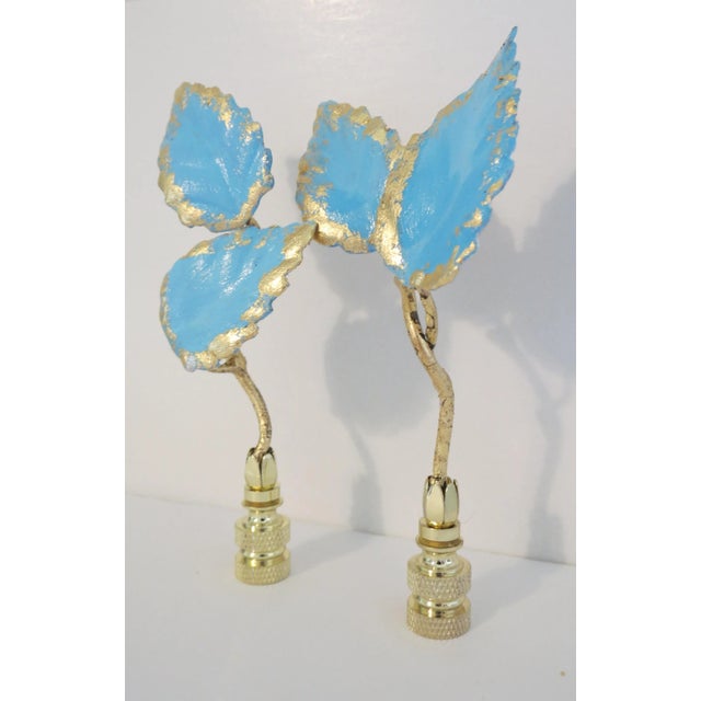 Mid-Century Modern Tall Vintage Italian Tole Leaf Lamp Finials. Gold Leaf Patina, Sky Blue, a Pair For Sale - Image 3 of 3