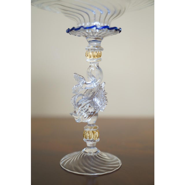 Vintage Venetian Murano-Style Dolphin Stem Glass Compote With Cobalt Rim For Sale - Image 9 of 11