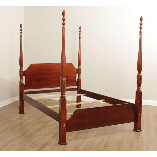 High Quality American Made Lexington Furniture Carved Mahogany Queen Size Poster Bedframe with Flame Finials And Three...