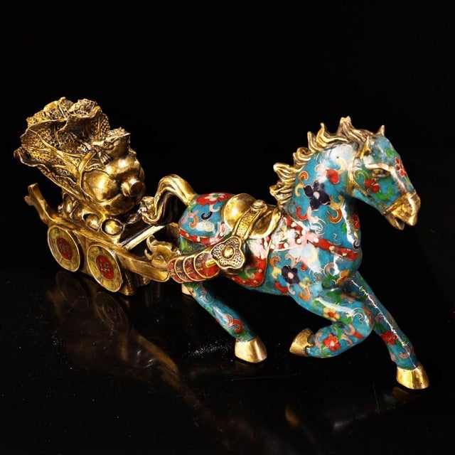 Metal Large Vintage Cloisonné Horse Pulling Treasure Cart - 15.7" Wide For Sale - Image 7 of 9