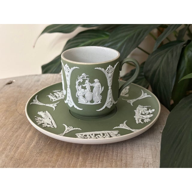 1940s Wedgwood Celadon Demitasse Cup & Saucer – Neoclassical Bas-Relief Sage Green Porcelain For Sale - Image 10 of 11