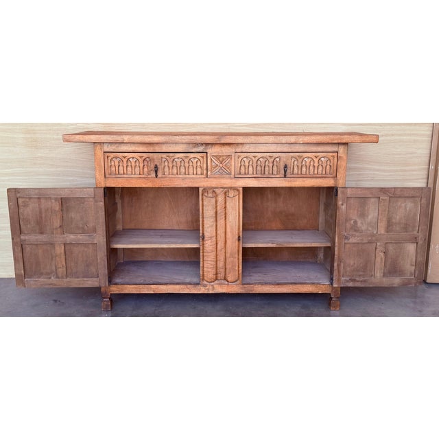 Late 19th Century Spanish Baroque Carved Walnut Tuscan Two Drawers Credenza or Buffet For Sale - Image 4 of 18