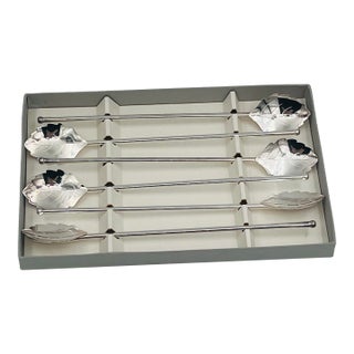 Mid-Century Modern Silverplate Leaf Design Cocktail Stirrer Straws Sipper Spoons Denmark - Set of 6 For Sale