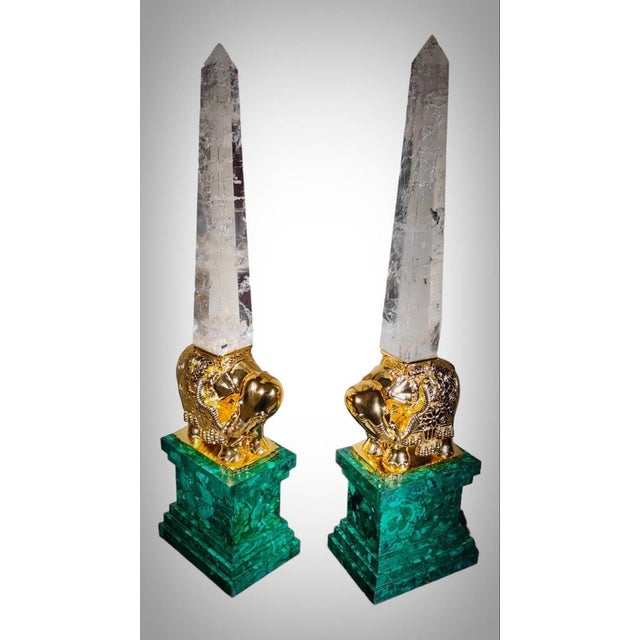 1950s Monumental Malachite Obelisks in Malachite Quartz and Gilt Bronze, 1950, Set of 2 For Sale - Image 5 of 17