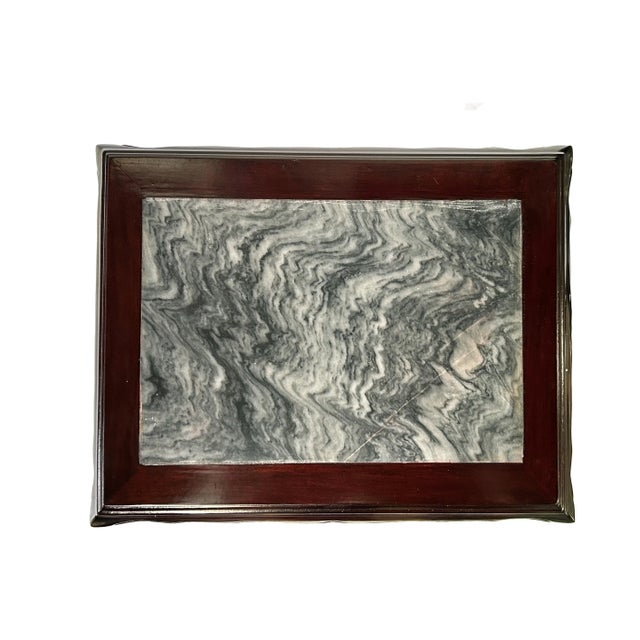 1970s 14.5" Chinese Brown Wood Rectangular Stone Top Vase Stand Display Riser For Sale - Image 5 of 10